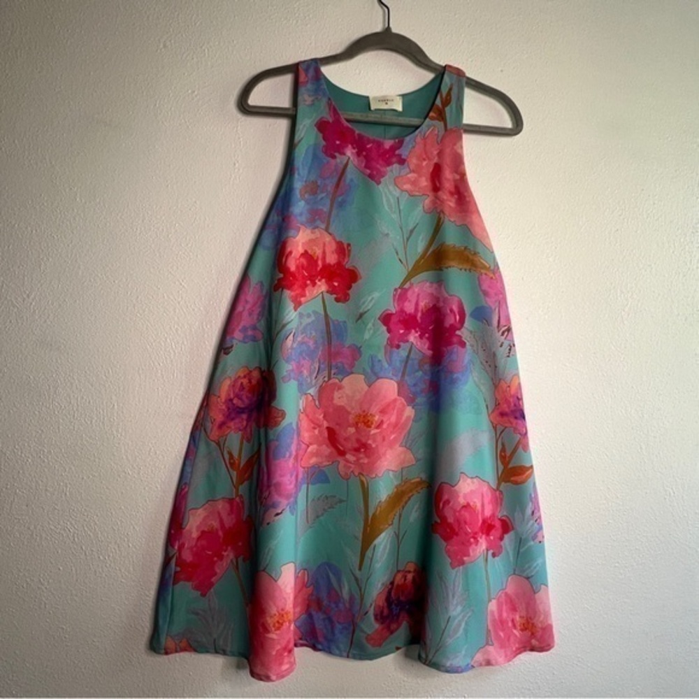 Everly Teal Floral A-Line Dress with Pink & Coral Blooms